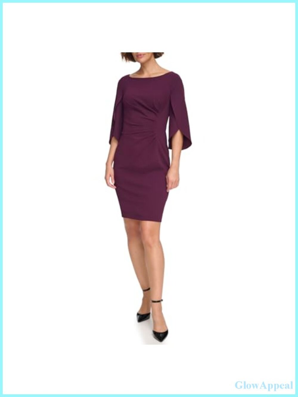 Short Sleeve Ruched Sheath Dress Button Detail Knee Length Business Casual